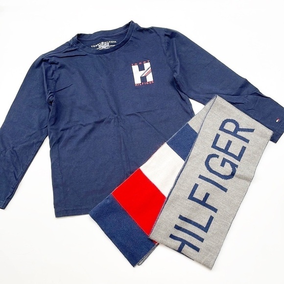 Tommy Hilfiger navy blue long sleeve shirt + matching scarf - Picture 1 of 4